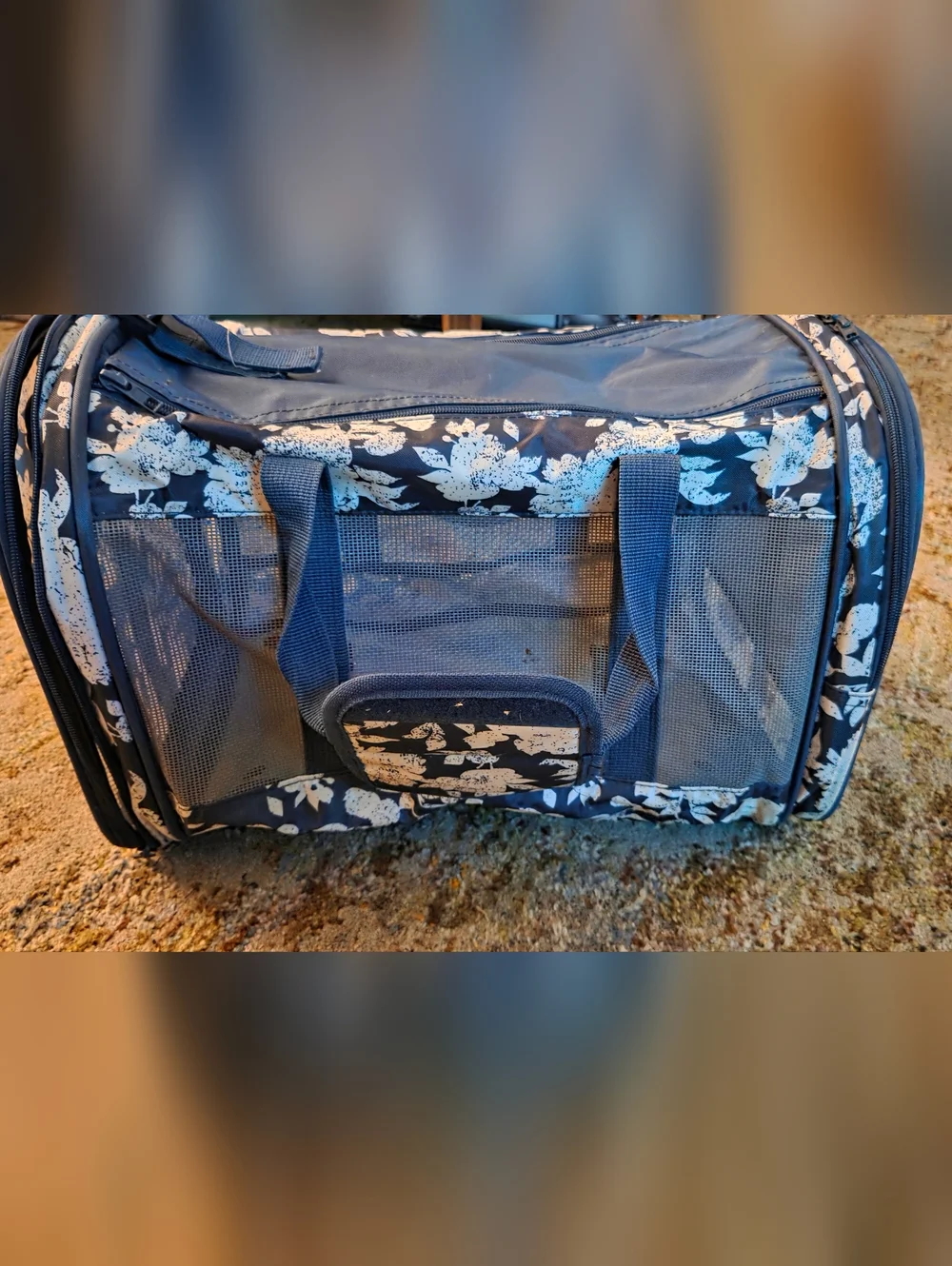 Large Navy Floral Cat Pet Carrier with Mesh Panels and Shoulder Strap